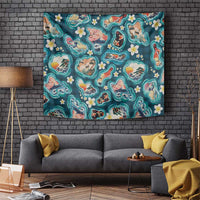 Hawaiian and Japanese Culture Together Tapestry Hawaiian Island Shapes with Japanese Landscape Teal Color