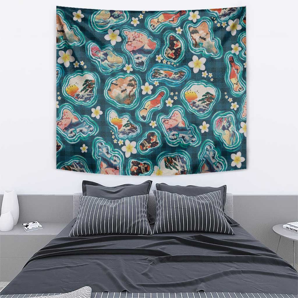 Hawaiian and Japanese Culture Together Tapestry Hawaiian Island Shapes with Japanese Landscape Teal Color
