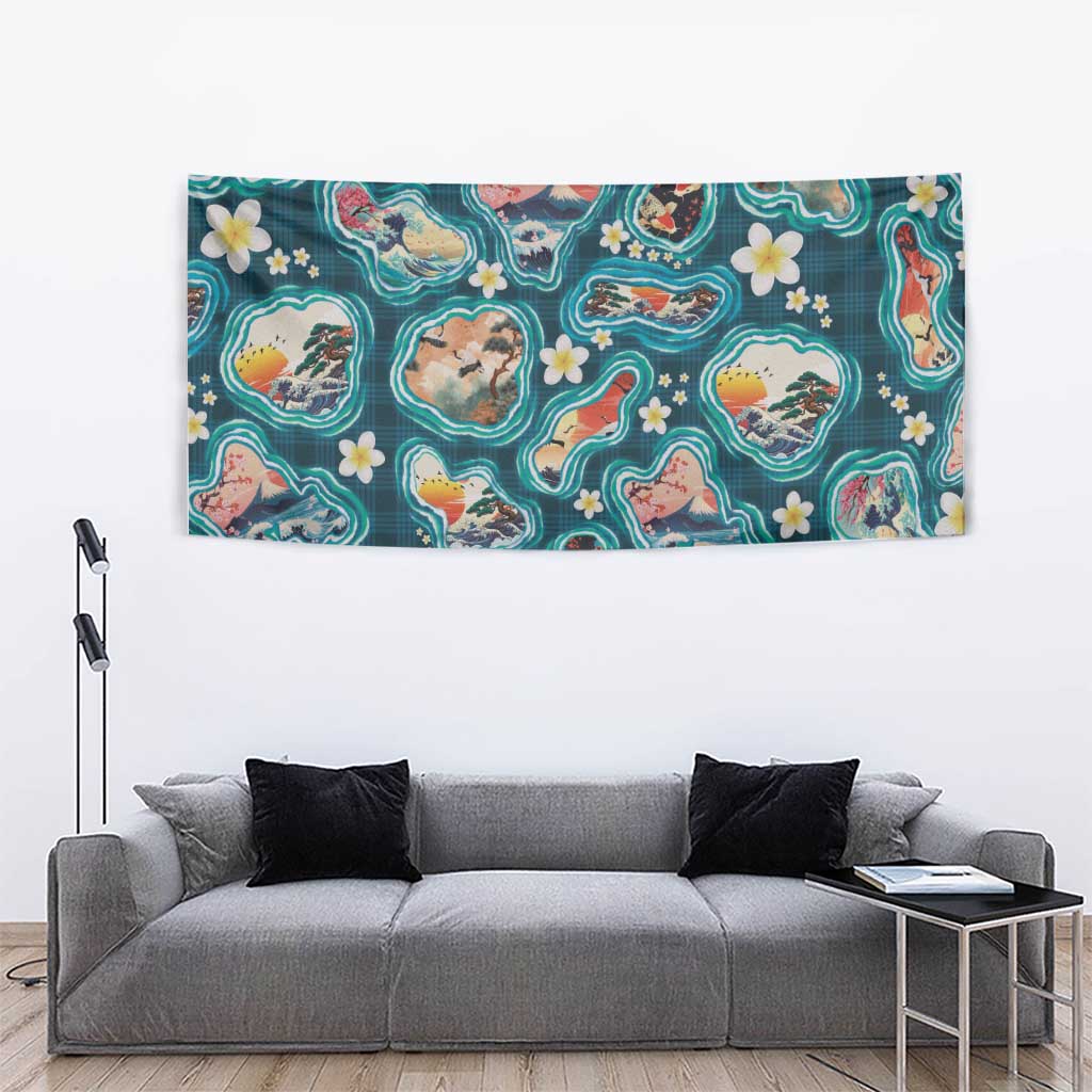 Hawaiian and Japanese Culture Together Tapestry Hawaiian Island Shapes with Japanese Landscape Teal Color