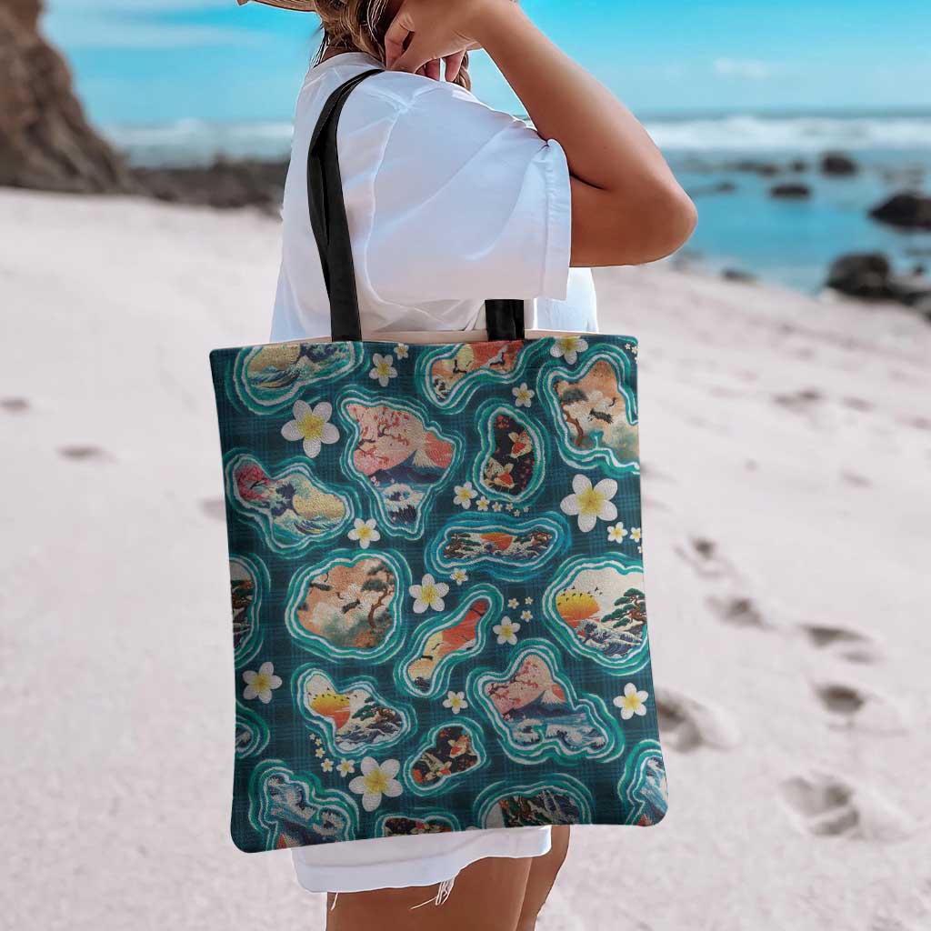 Hawaiian and Japanese Culture Together Tote Bag Hawaiian Island Shapes with Japanese Landscape Teal Color