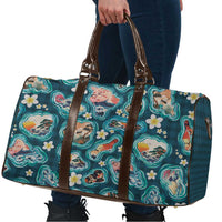Hawaiian and Japanese Culture Together Travel Bag Hawaiian Island Shapes with Japanese Landscape Teal Color