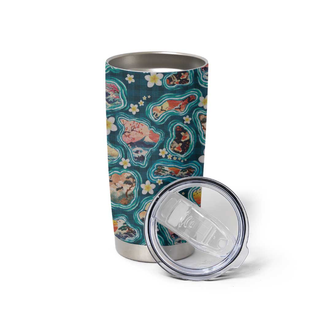 Hawaiian and Japanese Culture Together Tumbler Cup Hawaiian Island Shapes with Japanese Landscape Teal Color