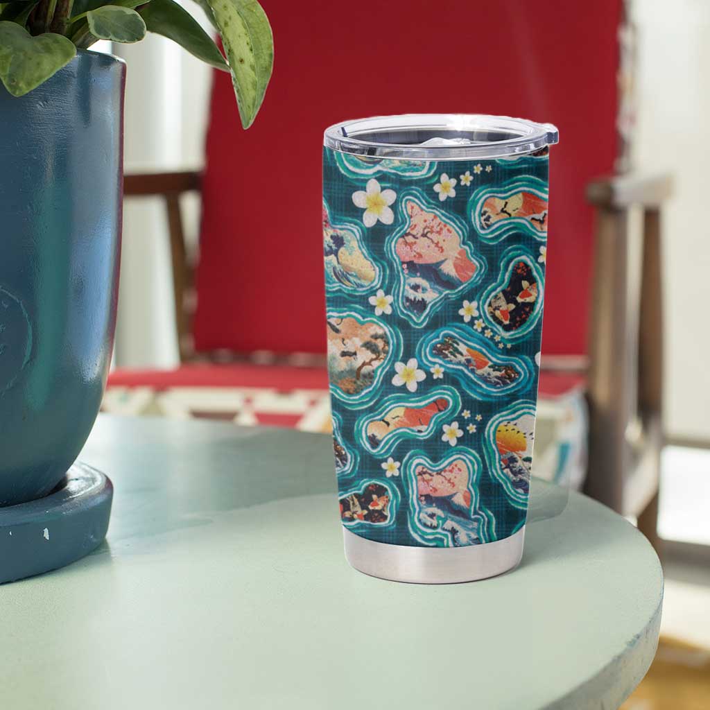 Hawaiian and Japanese Culture Together Tumbler Cup Hawaiian Island Shapes with Japanese Landscape Teal Color