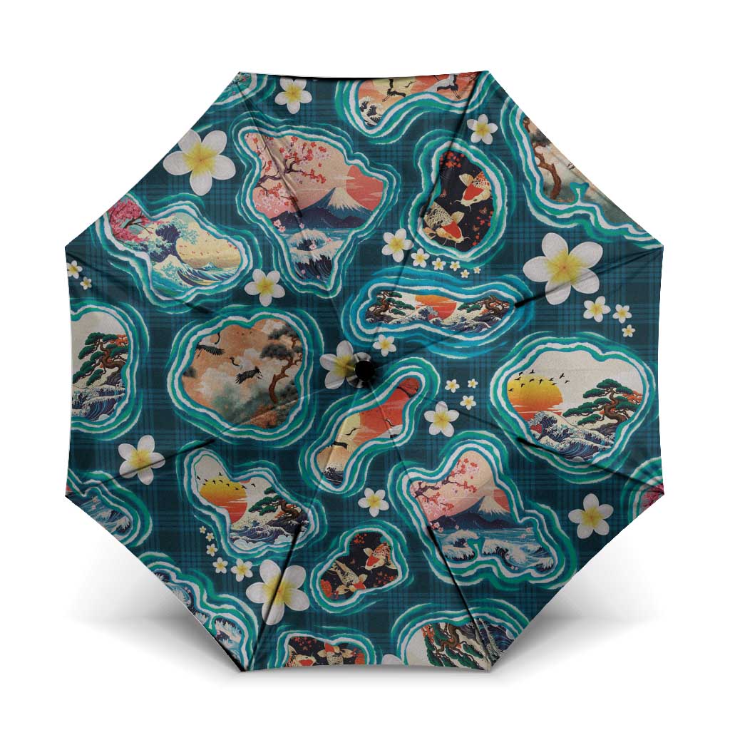 Hawaiian and Japanese Culture Together Umbrella Hawaiian Island Shapes with Japanese Landscape Teal Color