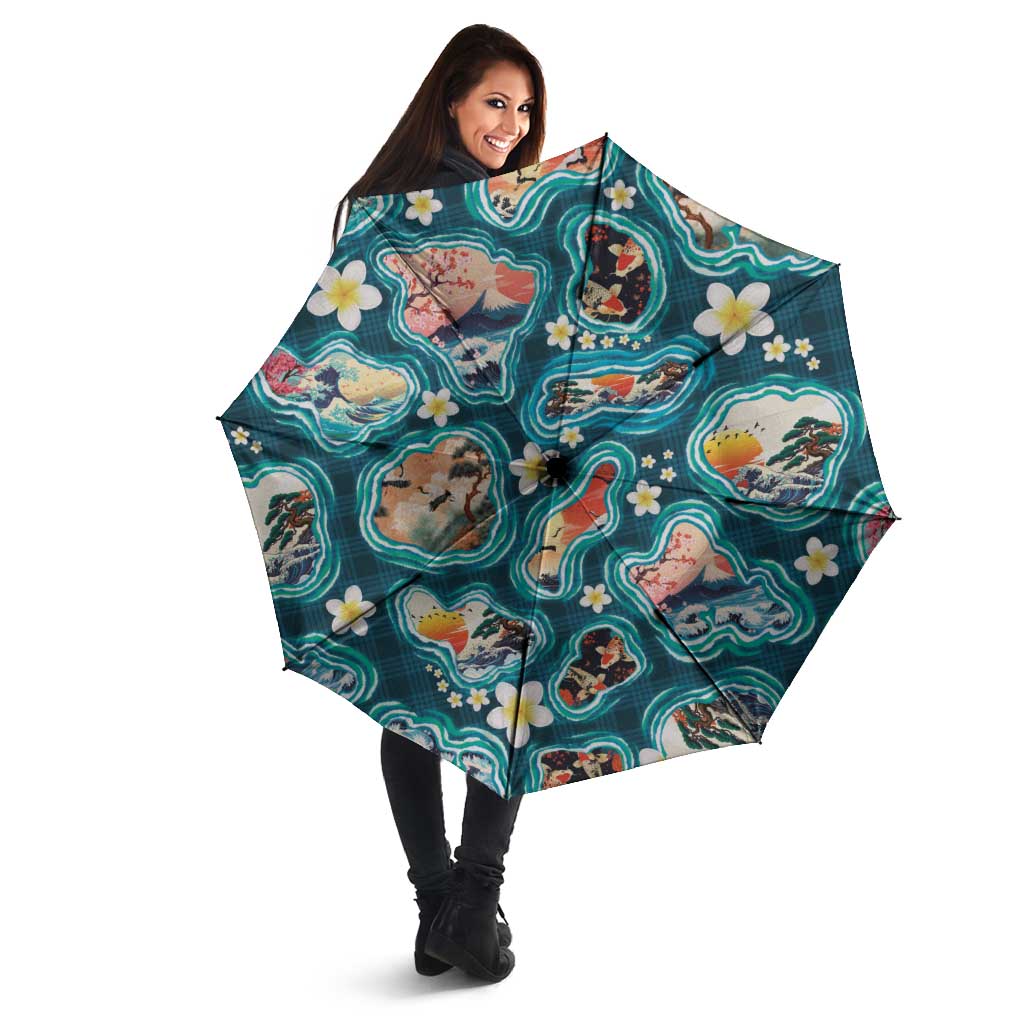 Hawaiian and Japanese Culture Together Umbrella Hawaiian Island Shapes with Japanese Landscape Teal Color