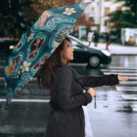 Hawaiian and Japanese Culture Together Umbrella Hawaiian Island Shapes with Japanese Landscape Teal Color