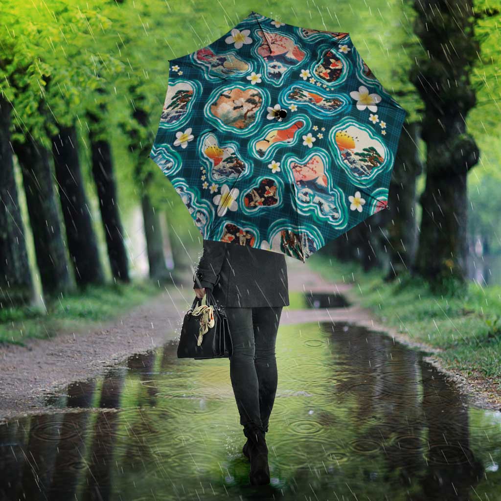 Hawaiian and Japanese Culture Together Umbrella Hawaiian Island Shapes with Japanese Landscape Teal Color