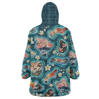 Hawaiian and Japanese Culture Together Wearable Blanket Hoodie Hawaiian Island Shapes with Japanese Landscape Teal Color
