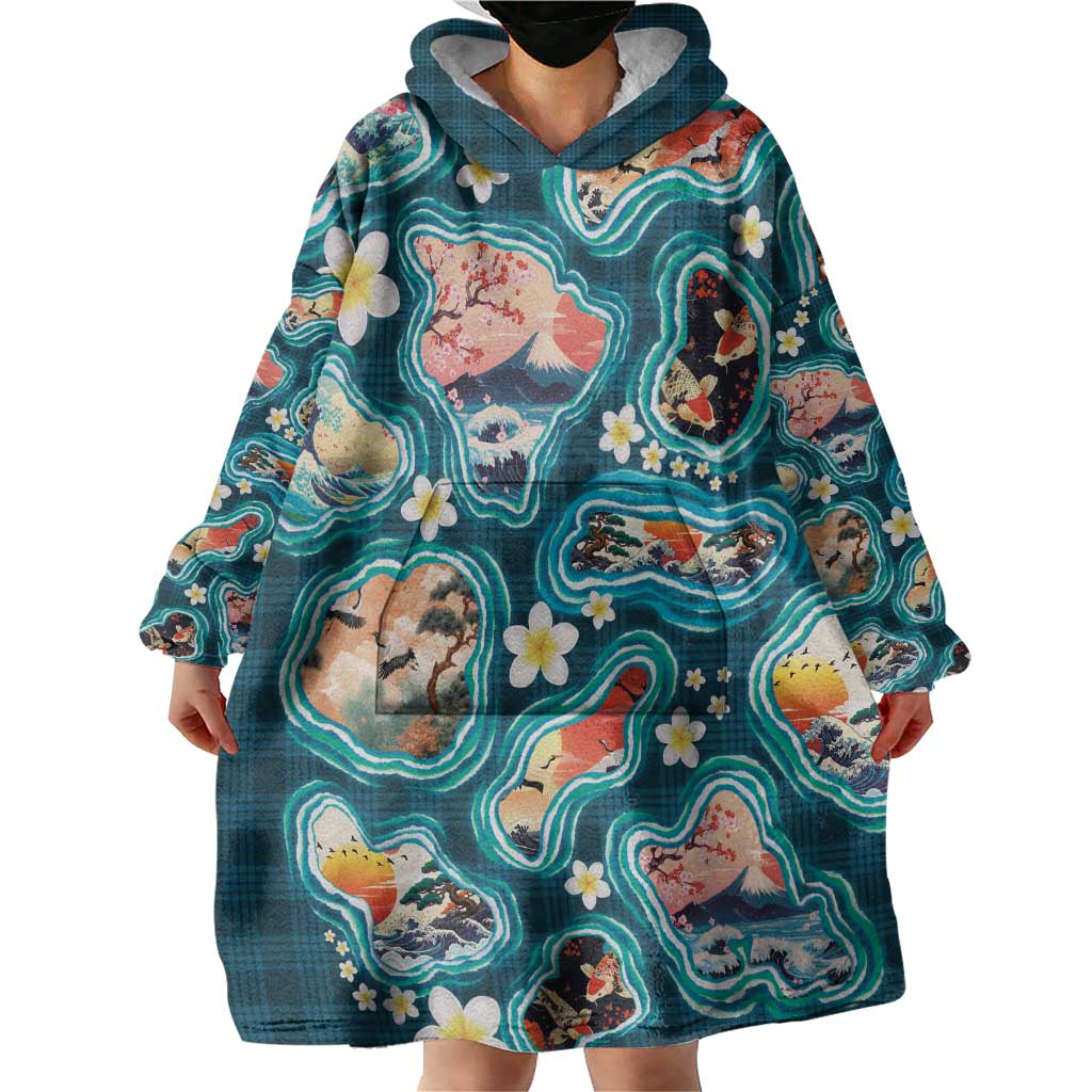 Hawaiian and Japanese Culture Together Wearable Blanket Hoodie Hawaiian Island Shapes with Japanese Landscape Teal Color