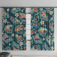 Hawaiian and Japanese Culture Together Window Curtain Hawaiian Island Shapes with Japanese Landscape Teal Color