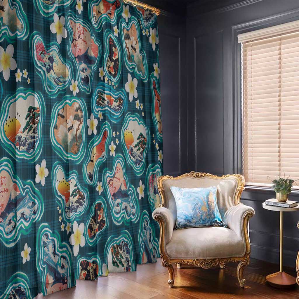 Hawaiian and Japanese Culture Together Window Curtain Hawaiian Island Shapes with Japanese Landscape Teal Color