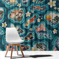 Hawaiian and Japanese Culture Together Window Curtain Hawaiian Island Shapes with Japanese Landscape Teal Color