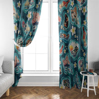 Hawaiian and Japanese Culture Together Window Curtain Hawaiian Island Shapes with Japanese Landscape Teal Color