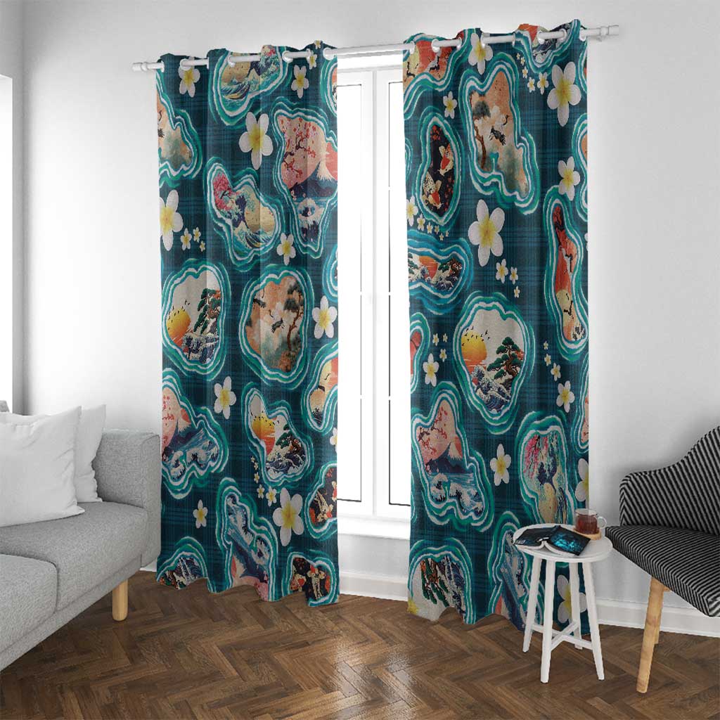Hawaiian and Japanese Culture Together Window Curtain Hawaiian Island Shapes with Japanese Landscape Teal Color