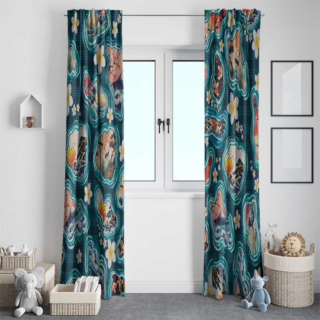 Hawaiian and Japanese Culture Together Window Curtain Hawaiian Island Shapes with Japanese Landscape Teal Color