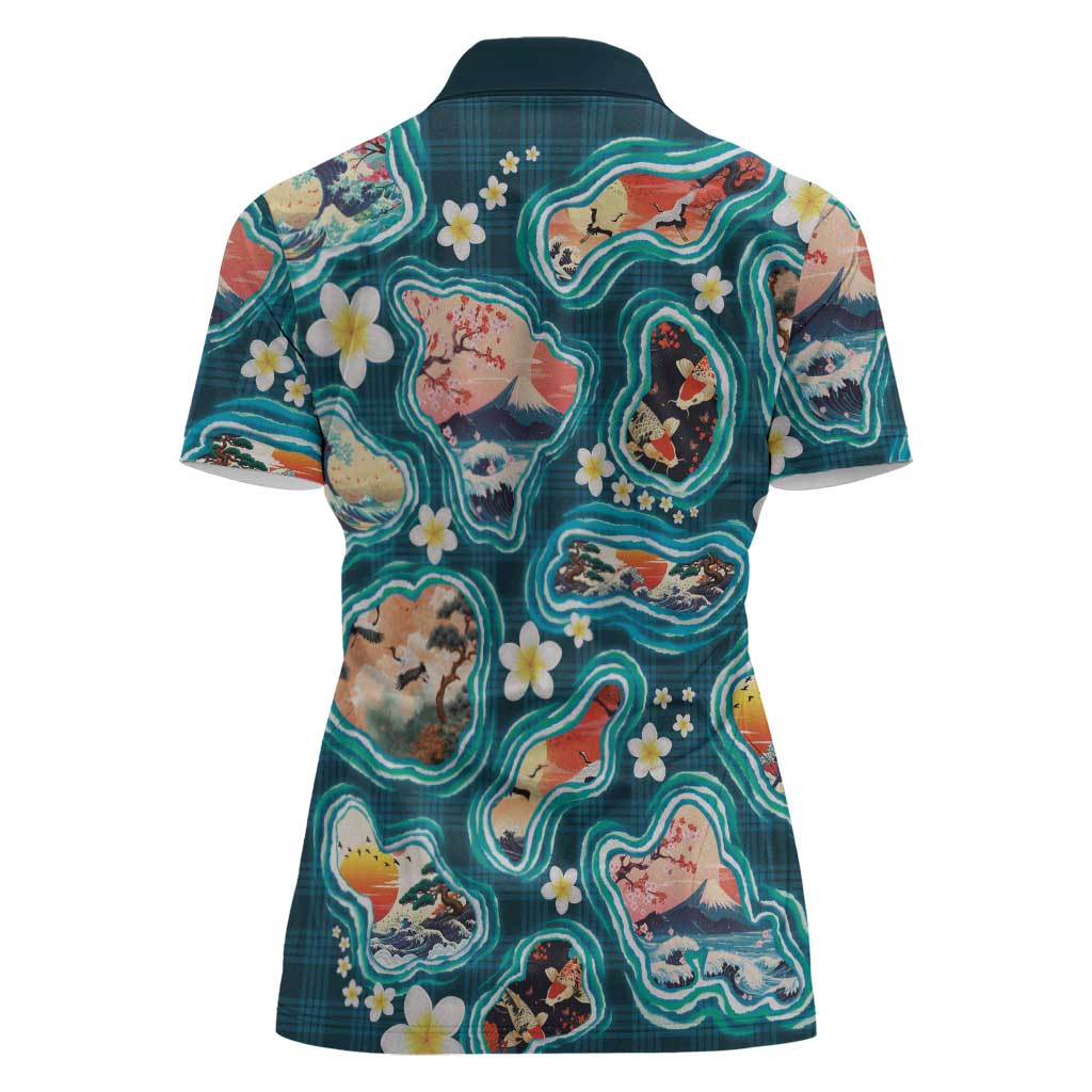 Hawaiian and Japanese Culture Together Women Polo Shirt Hawaiian Island Shapes with Japanese Landscape Teal Color