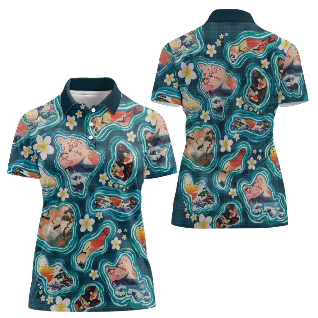 Hawaiian and Japanese Culture Together Women Polo Shirt Hawaiian Island Shapes with Japanese Landscape Teal Color