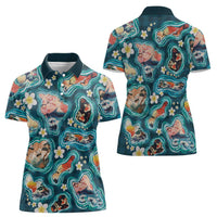 Hawaiian and Japanese Culture Together Women Polo Shirt Hawaiian Island Shapes with Japanese Landscape Teal Color