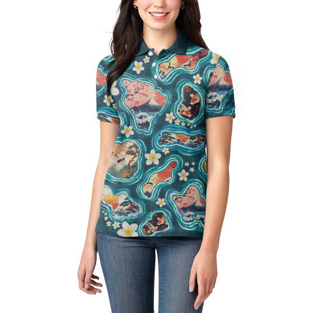 Hawaiian and Japanese Culture Together Women Polo Shirt Hawaiian Island Shapes with Japanese Landscape Teal Color