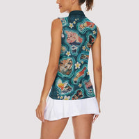 Hawaiian and Japanese Culture Together Women Sleeveless Polo Shirt Hawaiian Island Shapes with Japanese Landscape Teal Color