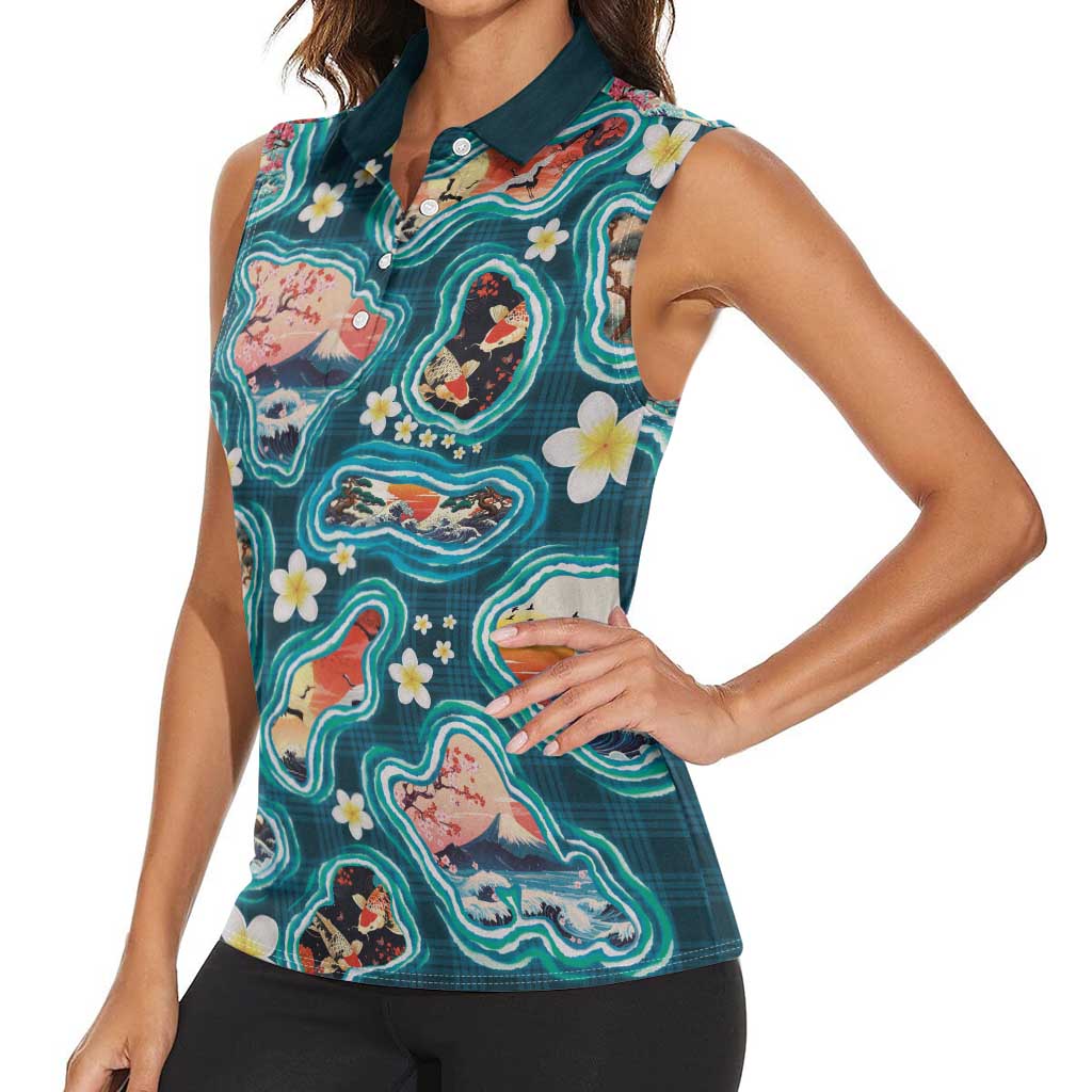Hawaiian and Japanese Culture Together Women Sleeveless Polo Shirt Hawaiian Island Shapes with Japanese Landscape Teal Color