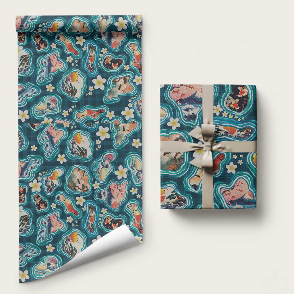 Hawaiian and Japanese Culture Together Wrapping Paper Hawaiian Island Shapes with Japanese Landscape Teal Color