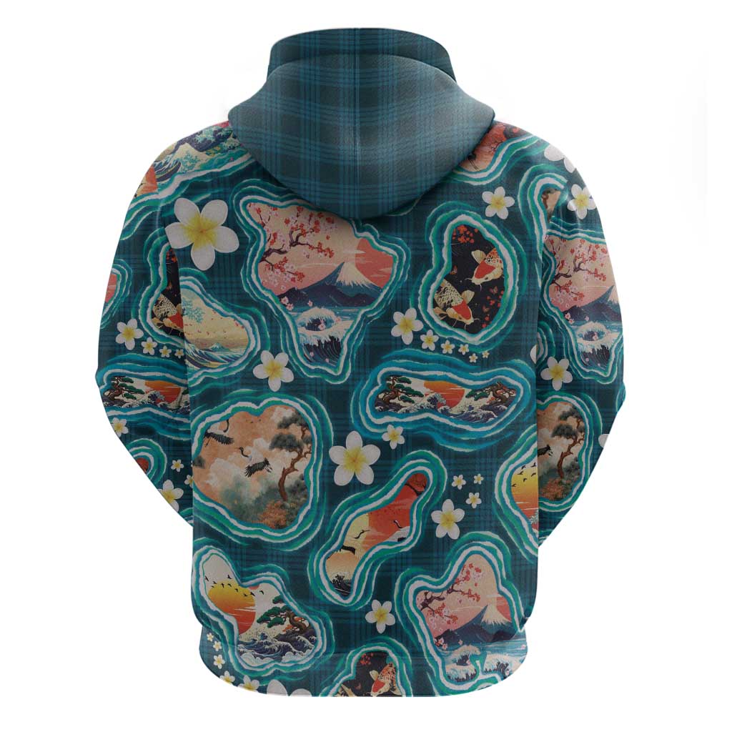 Hawaiian and Japanese Culture Together Zip Hoodie Hawaiian Island Shapes with Japanese Landscape Teal Color