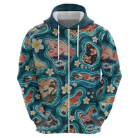 Hawaiian and Japanese Culture Together Zip Hoodie Hawaiian Island Shapes with Japanese Landscape Teal Color