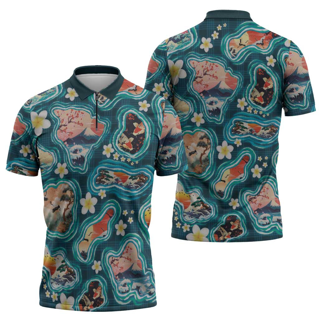 Hawaiian and Japanese Culture Together Zipper Polo Shirt Hawaiian Island Shapes with Japanese Landscape Teal Color