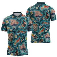 Hawaiian and Japanese Culture Together Zipper Polo Shirt Hawaiian Island Shapes with Japanese Landscape Teal Color