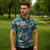 Hawaiian and Japanese Culture Together Zipper Polo Shirt Hawaiian Island Shapes with Japanese Landscape Teal Color