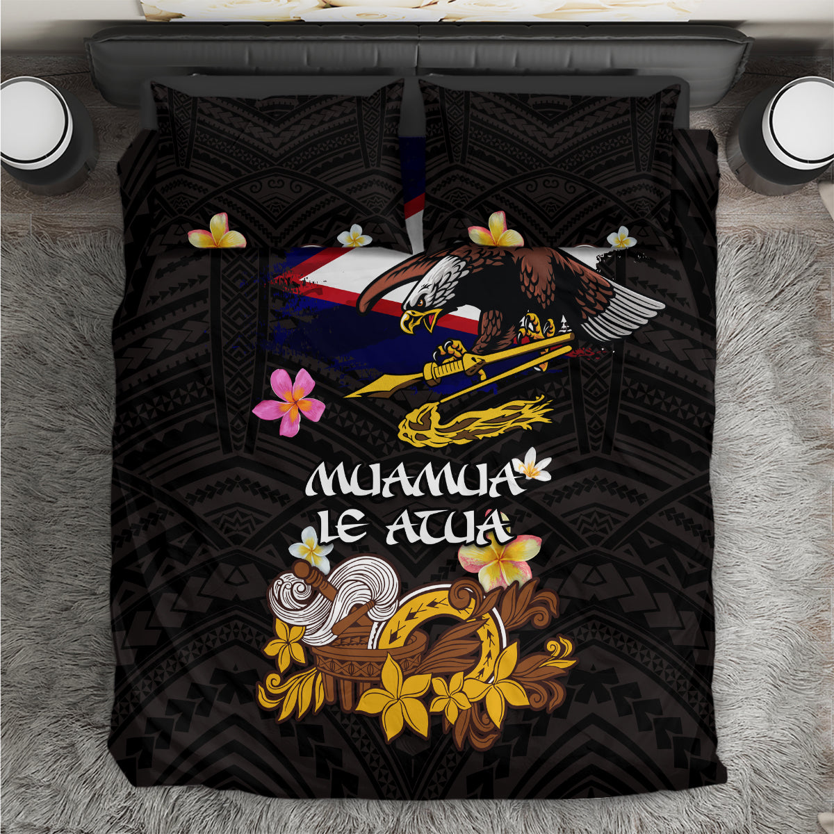 American Samoa Fue and Kava Bowl Bedding Set Plumeria and Polynesian Pattern LT03 Black - Polynesian Pride