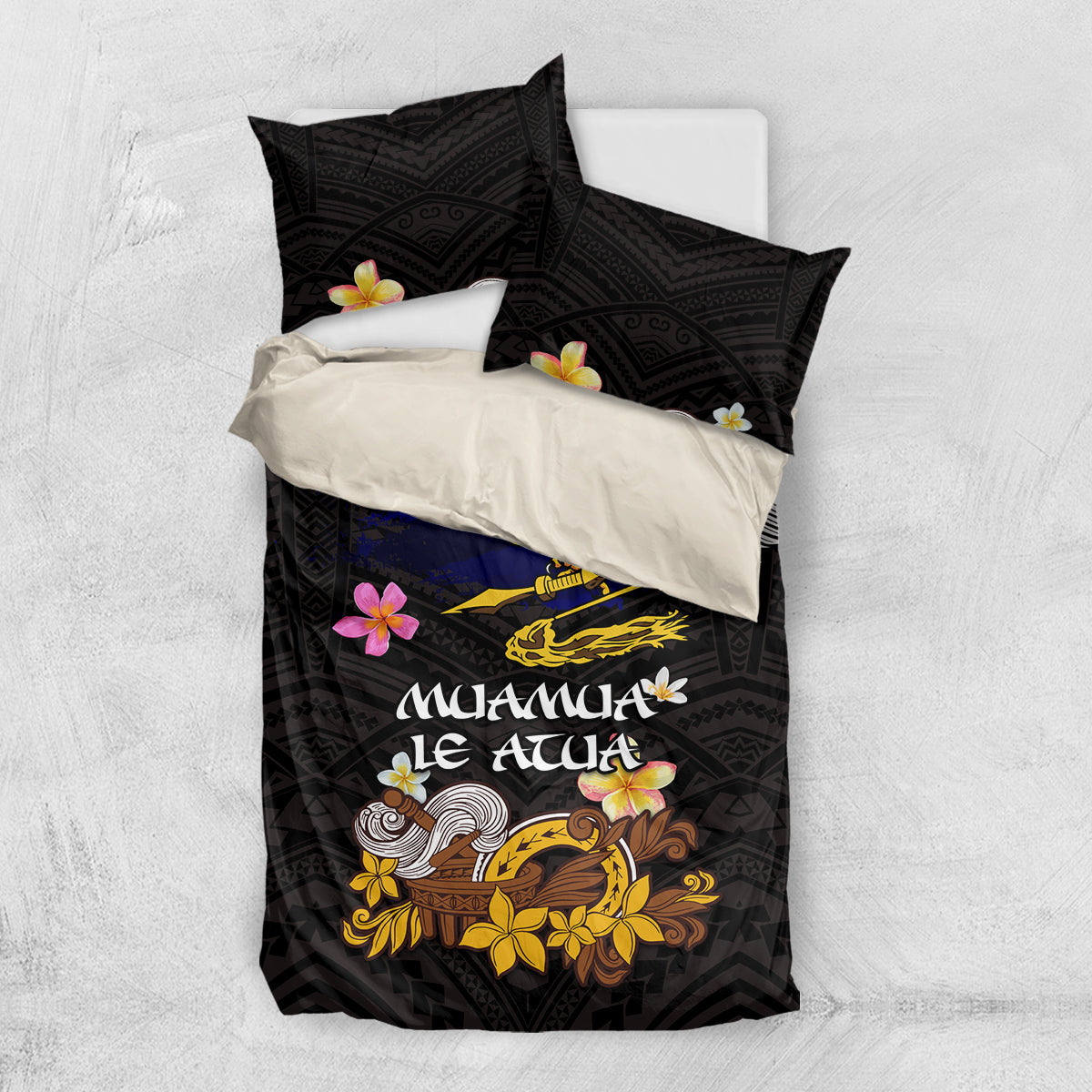 American Samoa Fue and Kava Bowl Bedding Set Plumeria and Polynesian Pattern LT03 US Twin 172cm x 218cm Black - Polynesian Pride