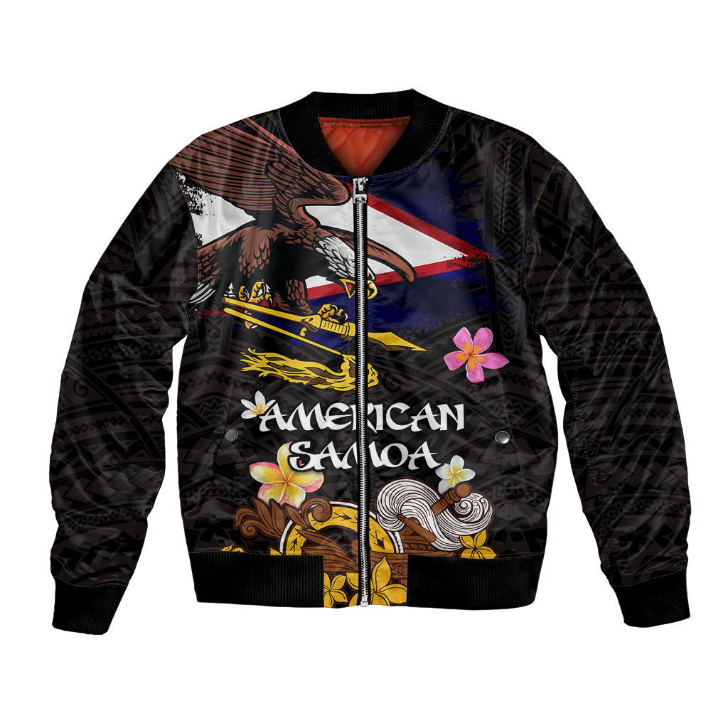 American Samoa Fue and Kava Bowl Bomber Jacket Plumeria and Polynesian Pattern LT03 Unisex Black - Polynesian Pride