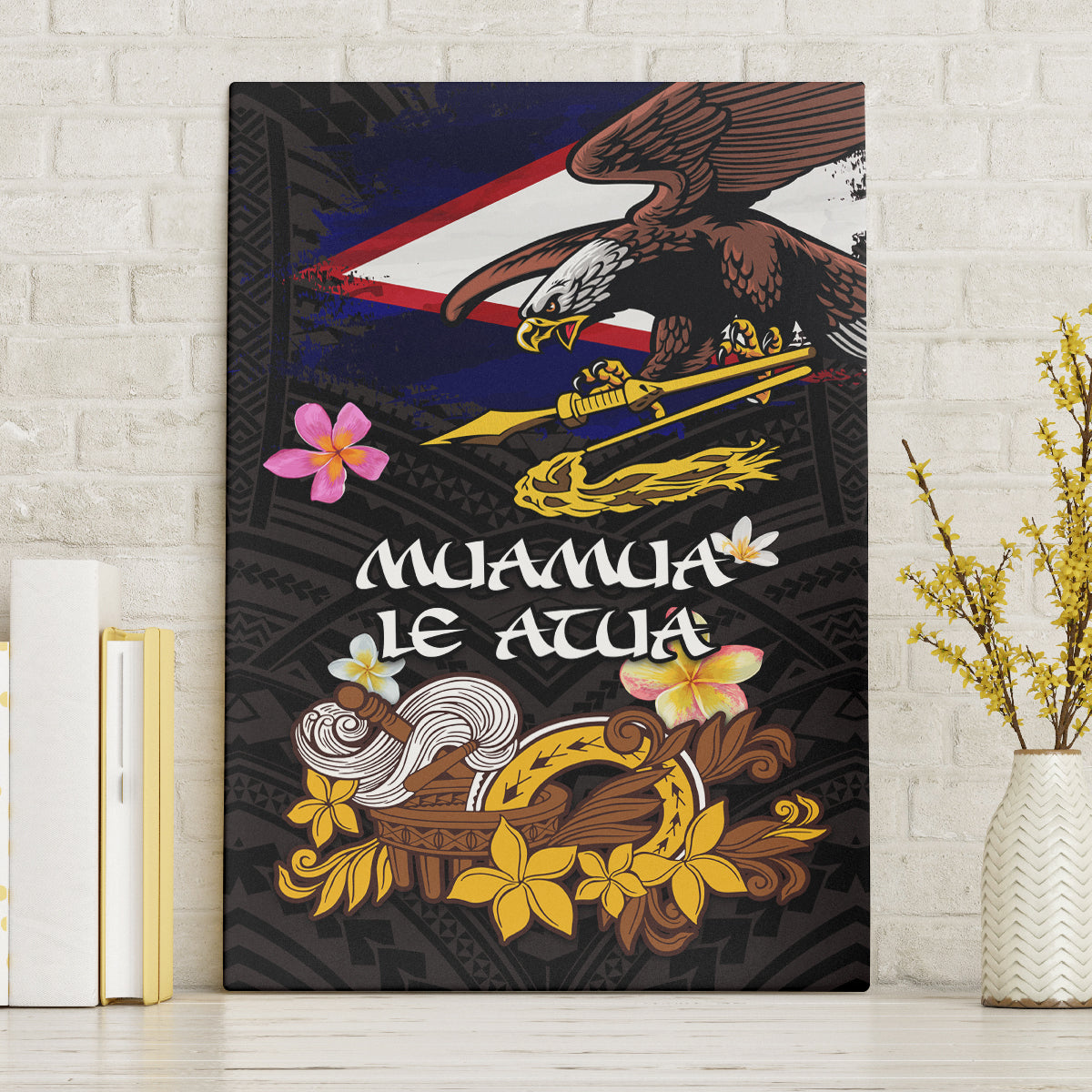 American Samoa Fue and Kava Bowl Canvas Wall Art Plumeria and Polynesian Pattern