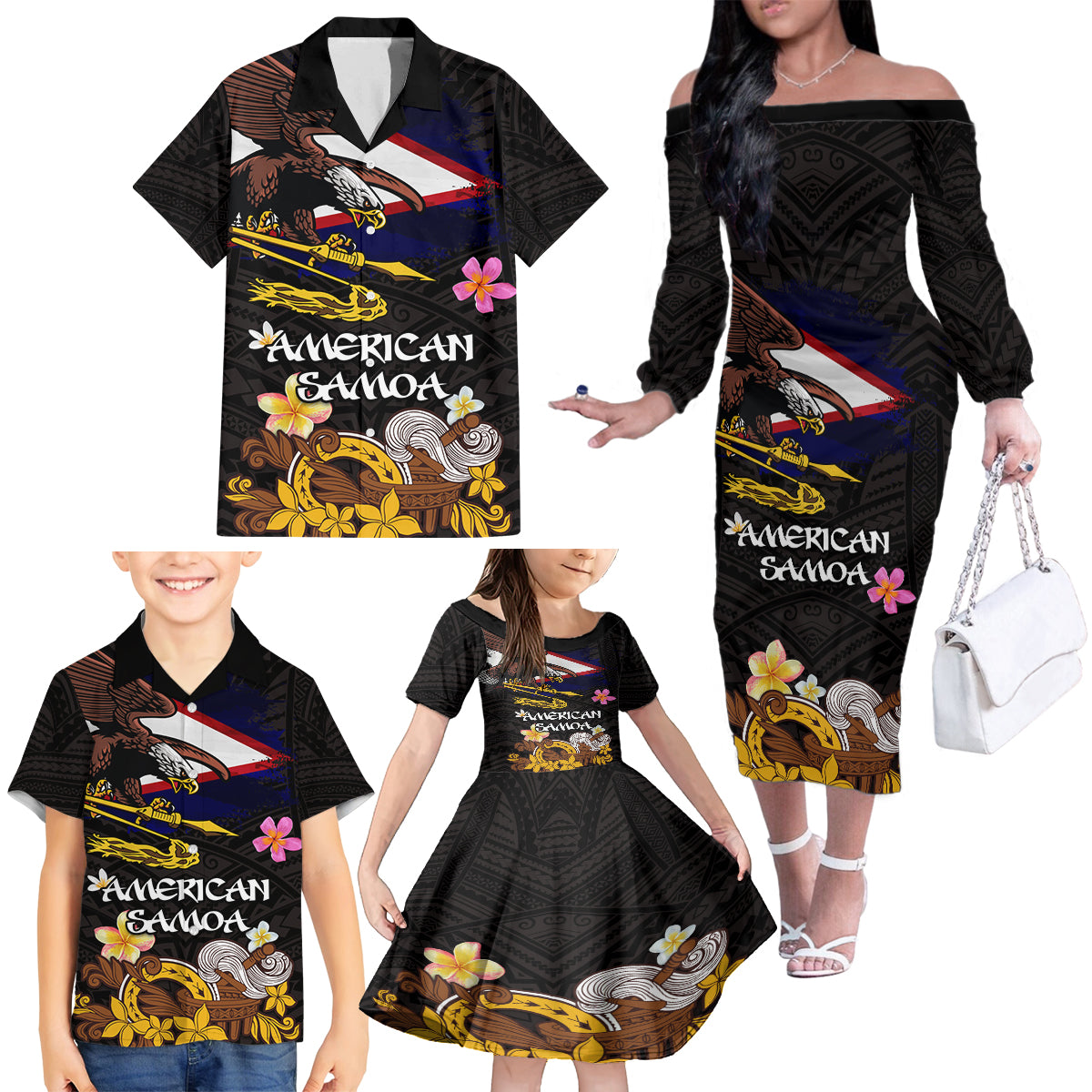 American Samoa Fue and Kava Bowl Family Matching Off The Shoulder Long Sleeve Dress and Hawaiian Shirt Plumeria and Polynesian Pattern LT03 - Polynesian Pride