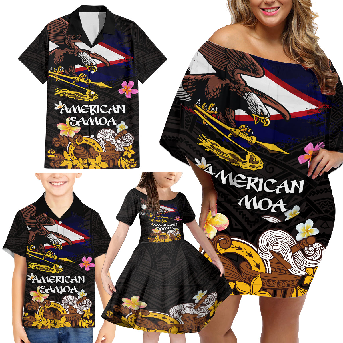 American Samoa Fue and Kava Bowl Family Matching Off Shoulder Short Dress and Hawaiian Shirt Plumeria and Polynesian Pattern