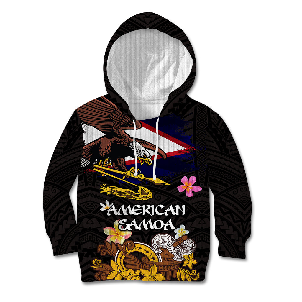 American Samoa Fue and Kava Bowl Kid Hoodie Plumeria and Polynesian Pattern LT03 Hoodie Black - Polynesian Pride