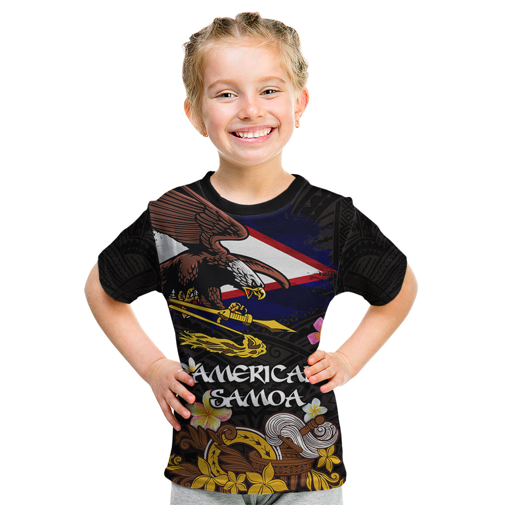 American Samoa Fue and Kava Bowl Kid T Shirt Plumeria and Polynesian Pattern LT03 Black - Polynesian Pride
