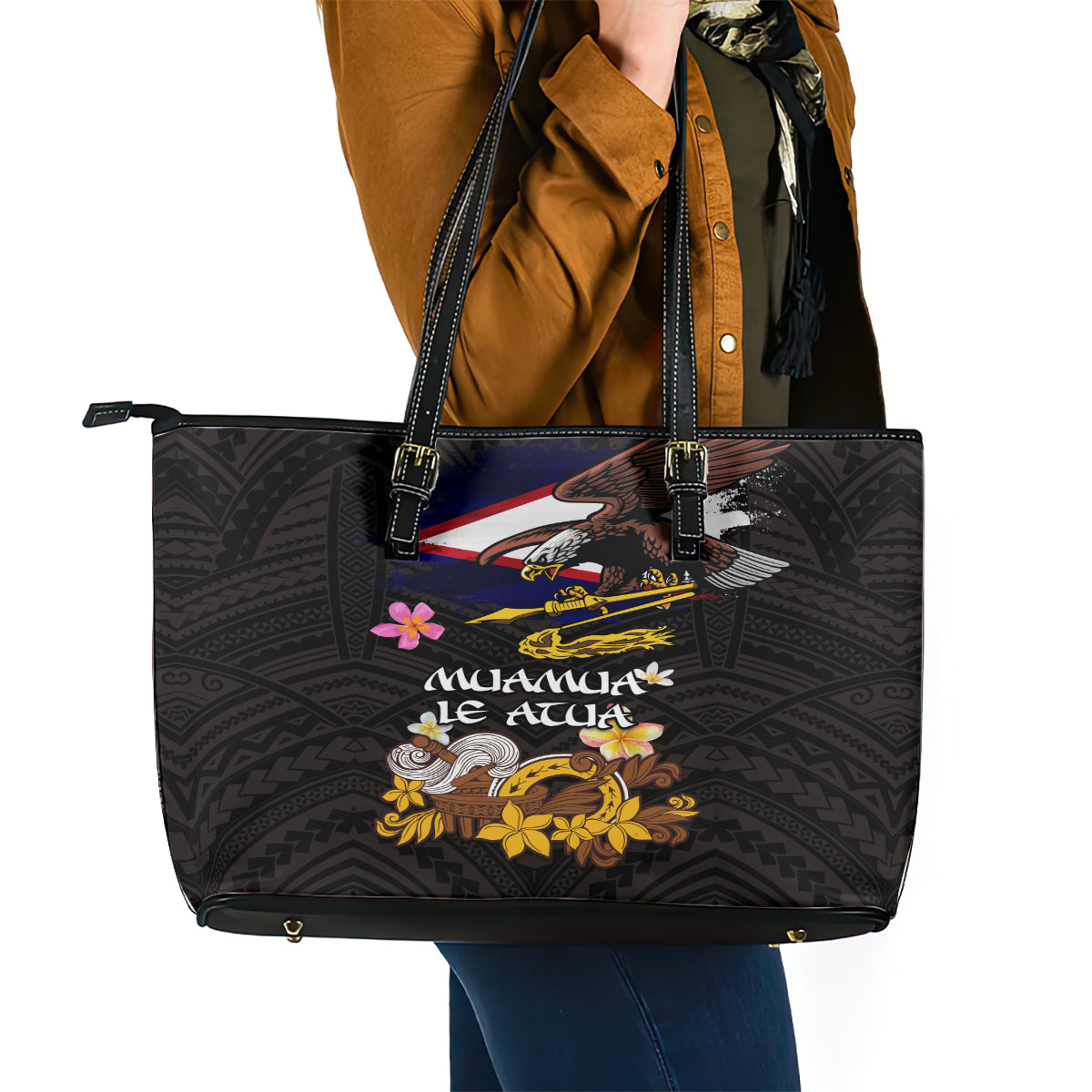 American Samoa Fue and Kava Bowl Leather Tote Bag Plumeria and Polynesian Pattern LT03 - Polynesian Pride