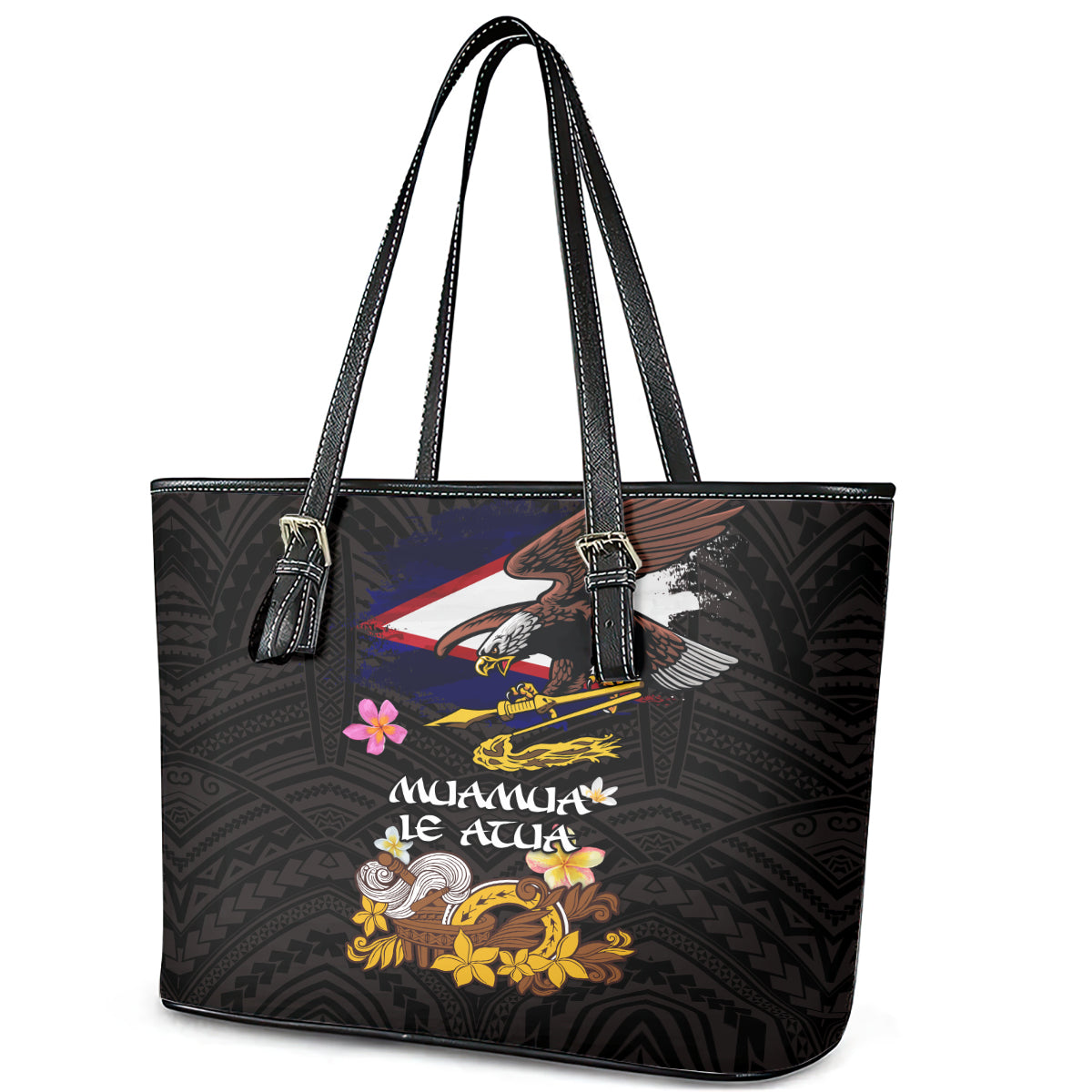 American Samoa Fue and Kava Bowl Leather Tote Bag Plumeria and Polynesian Pattern LT03 - Polynesian Pride