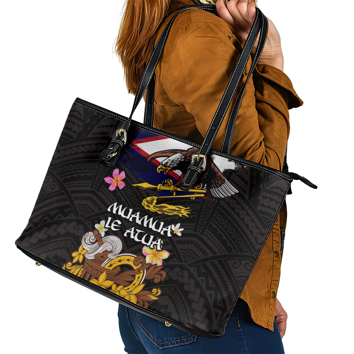 American Samoa Fue and Kava Bowl Leather Tote Bag Plumeria and Polynesian Pattern LT03 - Polynesian Pride