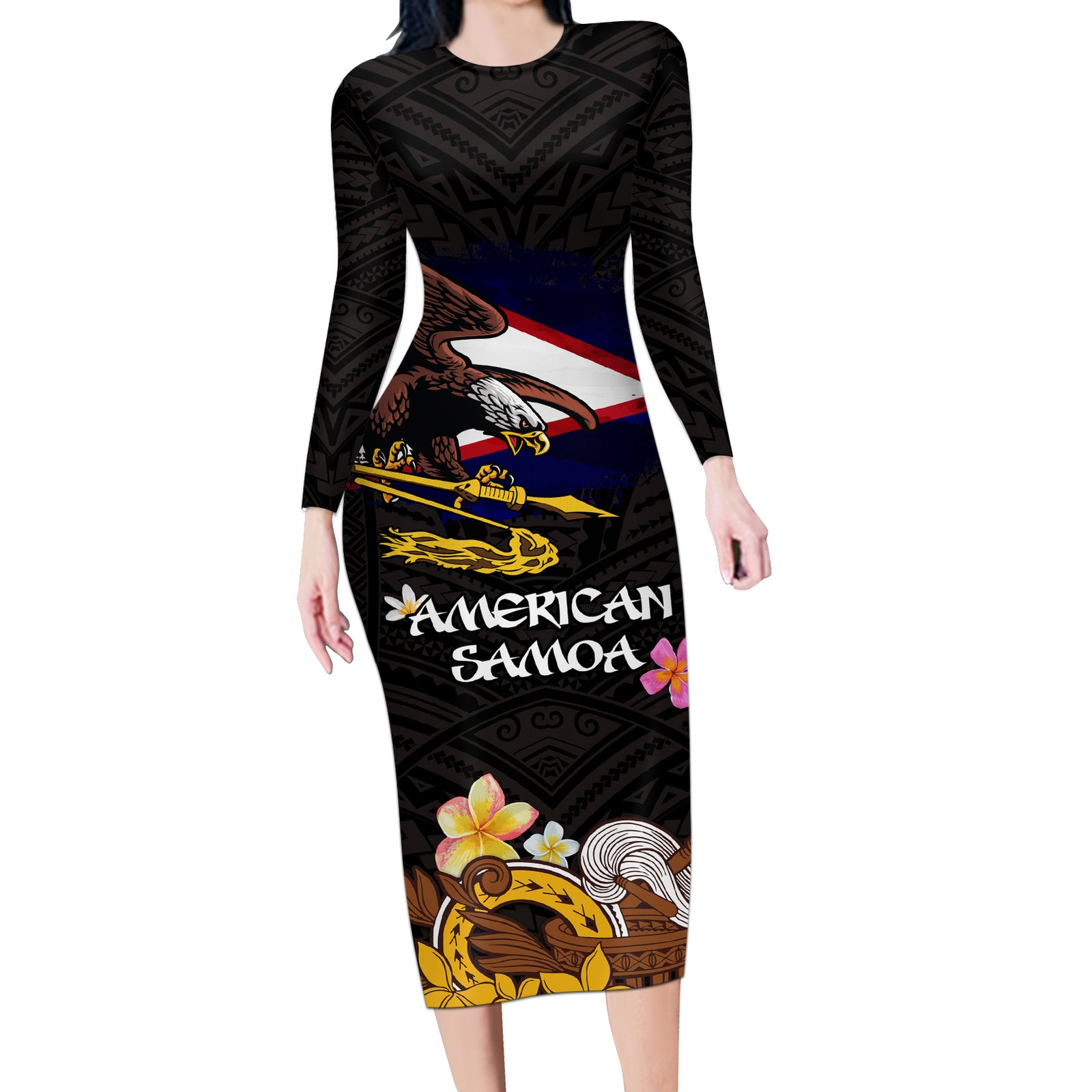 American Samoa Fue and Kava Bowl Long Sleeve Bodycon Dress Plumeria and Polynesian Pattern LT03 Long Dress Black - Polynesian Pride