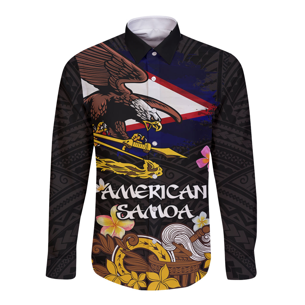 American Samoa Fue and Kava Bowl Long Sleeve Button Shirt Plumeria and Polynesian Pattern LT03 Unisex Black - Polynesian Pride