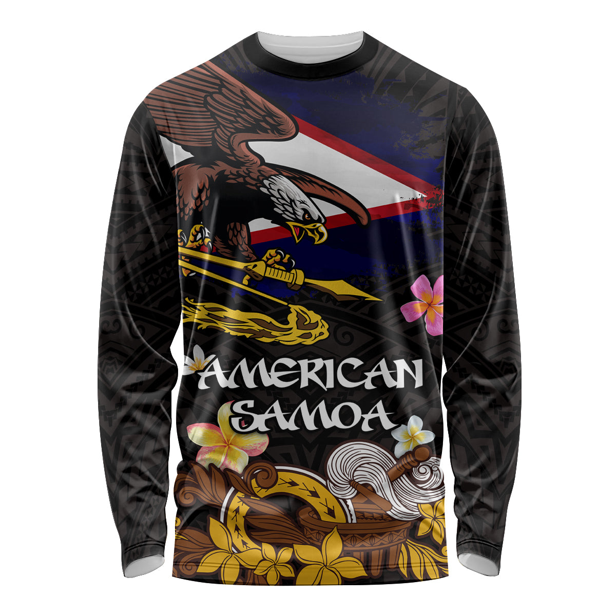 American Samoa Fue and Kava Bowl Long Sleeve Shirt Plumeria and Polynesian Pattern LT03 Unisex Black - Polynesian Pride