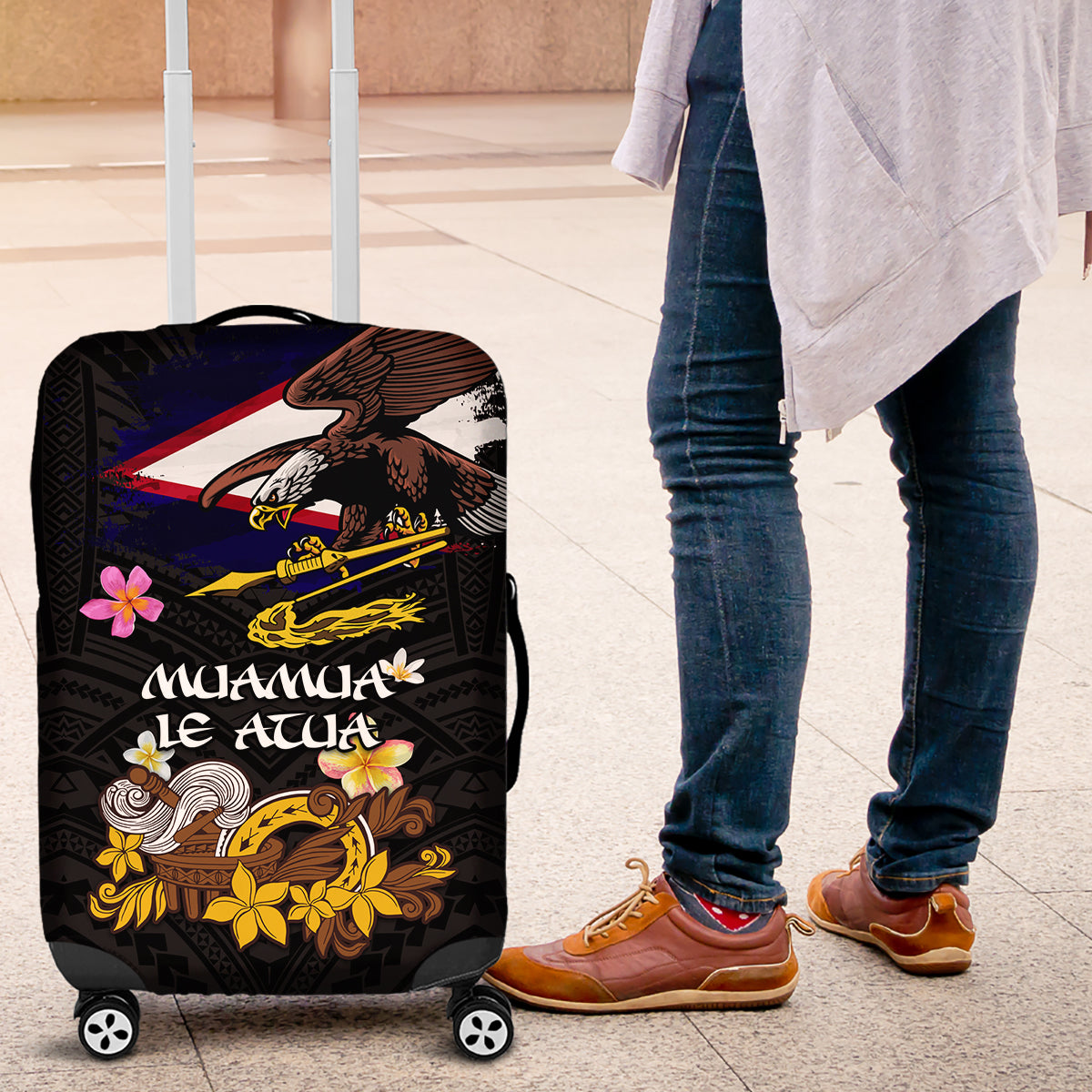 American Samoa Fue and Kava Bowl Luggage Cover Plumeria and Polynesian Pattern LT03 Black - Polynesian Pride