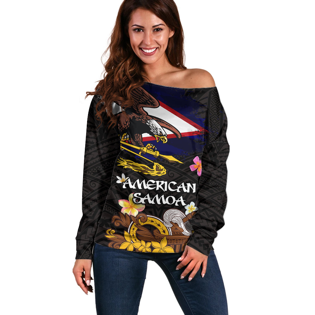 American Samoa Fue and Kava Bowl Off Shoulder Sweater Plumeria and Polynesian Pattern LT03 Women Black - Polynesian Pride