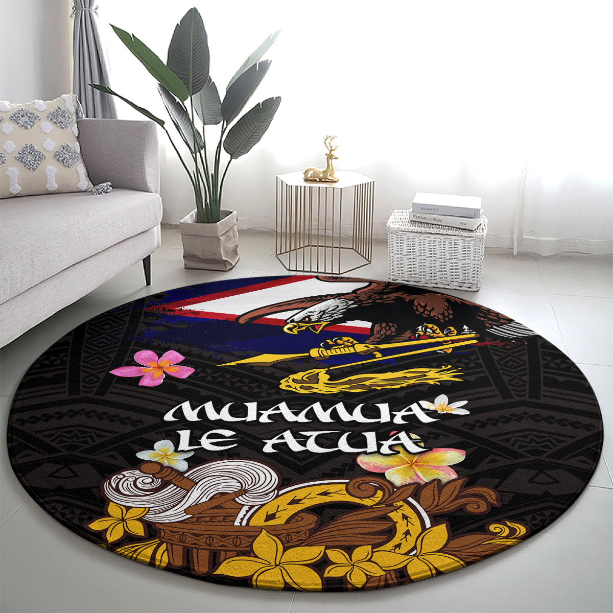 American Samoa Fue and Kava Bowl Round Carpet Plumeria and Polynesian Pattern