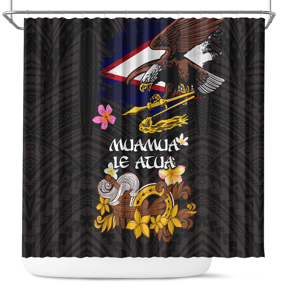 American Samoa Fue and Kava Bowl Shower Curtain Plumeria and Polynesian Pattern LT03 Black - Polynesian Pride
