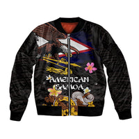 American Samoa Fue and Kava Bowl Sleeve Zip Bomber Jacket Plumeria and Polynesian Pattern